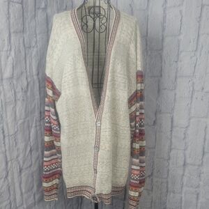 Concrete Mix Boho Cardigan Sweater Cream Multicolor Tribal‎ Knit Button Front